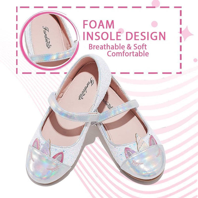 Furdeour Little Kids Princess Formal Casual Unicorn White Birthday Party Wedding Flower Girls Flats Shoes Size 13(2502White 13) - Image 4